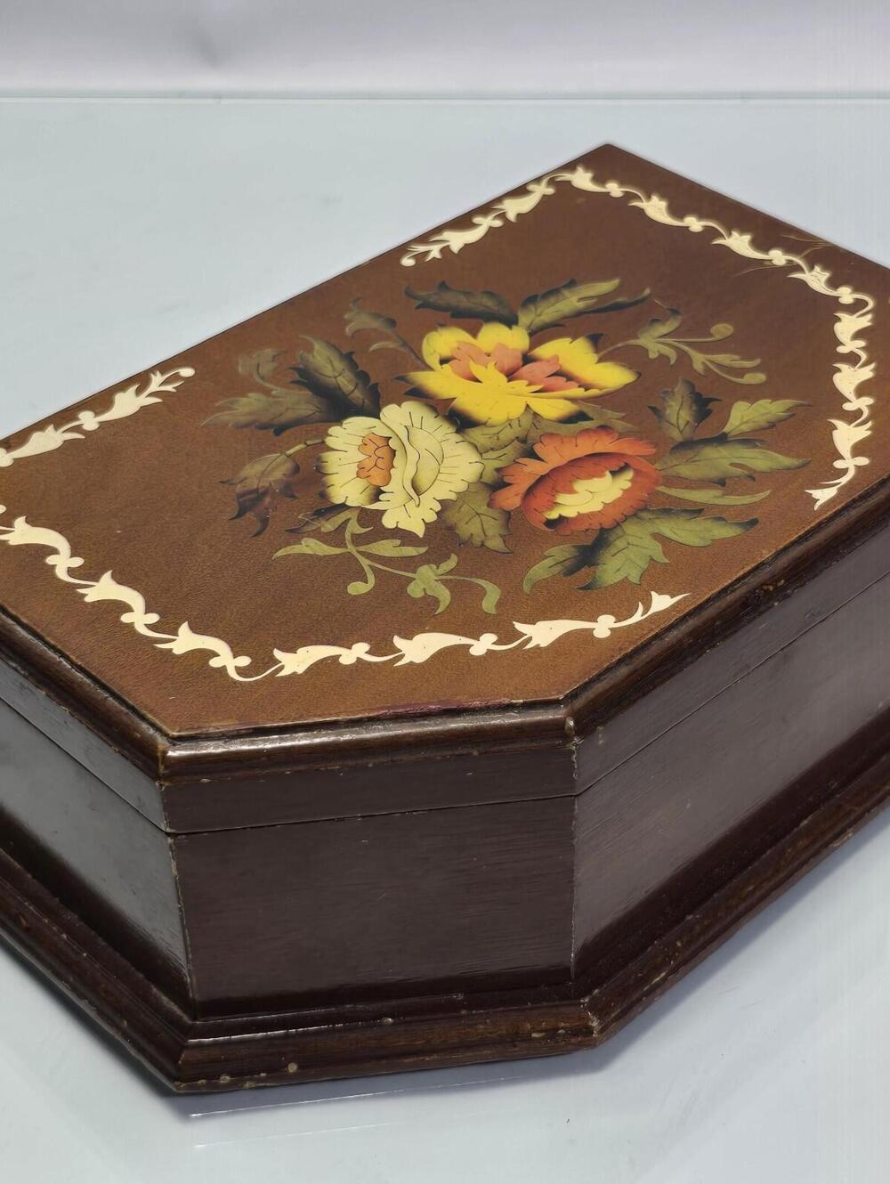 Italian Mid Century Floral Inlay Wooden Jewelry Box Mirrored Keepsake Organizer